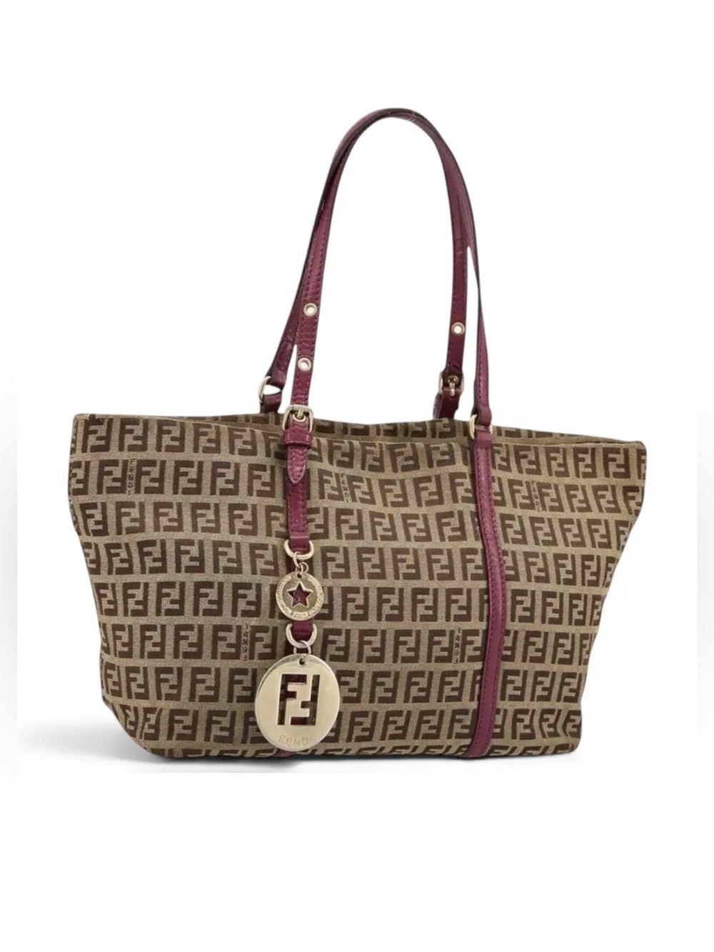 Fendi Brown FF Monogram vintage Tote with Plum Leather. She cute!!